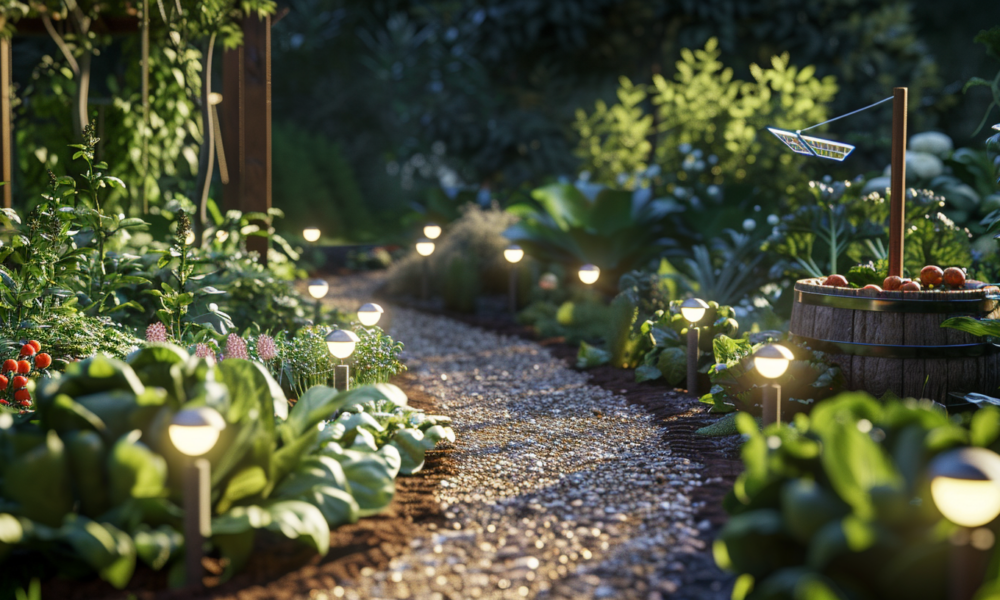 backyard veggie garden with solar lights