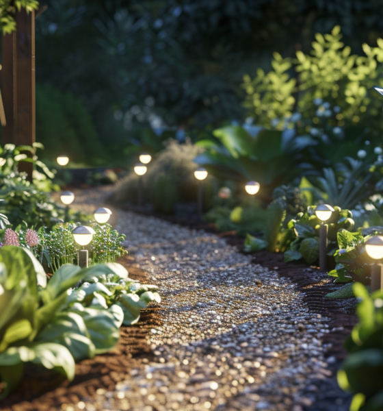 backyard veggie garden with solar lights